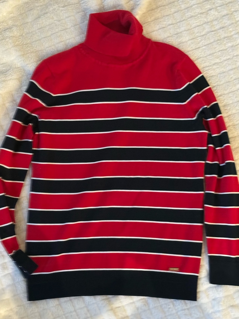Tommy Hilfiger Red, Black & White Striped Turtleneck Sweater